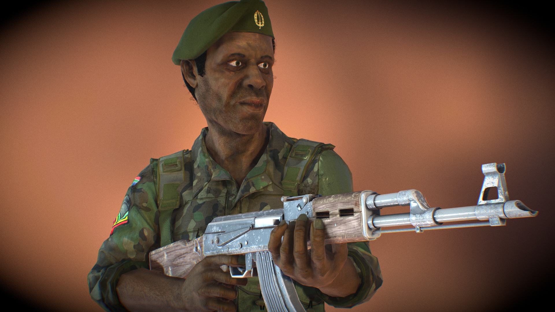 3D model African Soldier - This is a 3D model of the African Soldier. The 3D model is about a man in military uniform holding a gun.