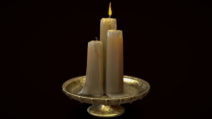 Three Candles On Golden Candlestick 3D Model