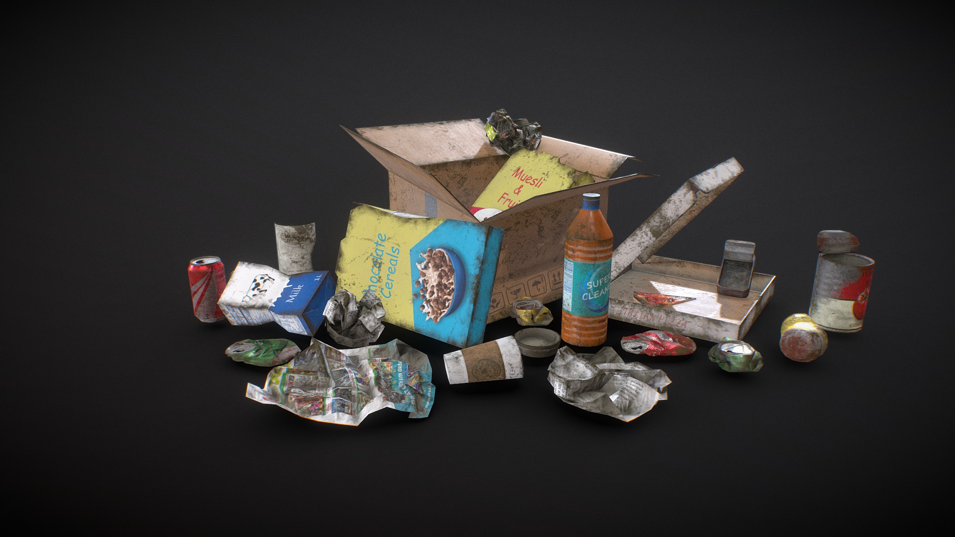 3D model Urban Trash – Low Poly - This is a 3D model of the Urban Trash - Low Poly. The 3D model is about a group of objects on a surface.