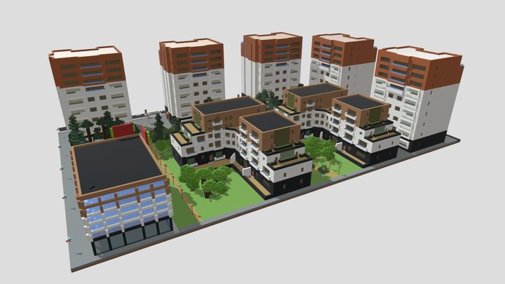 Park surrounded by houses in Minecraft. 3D Model