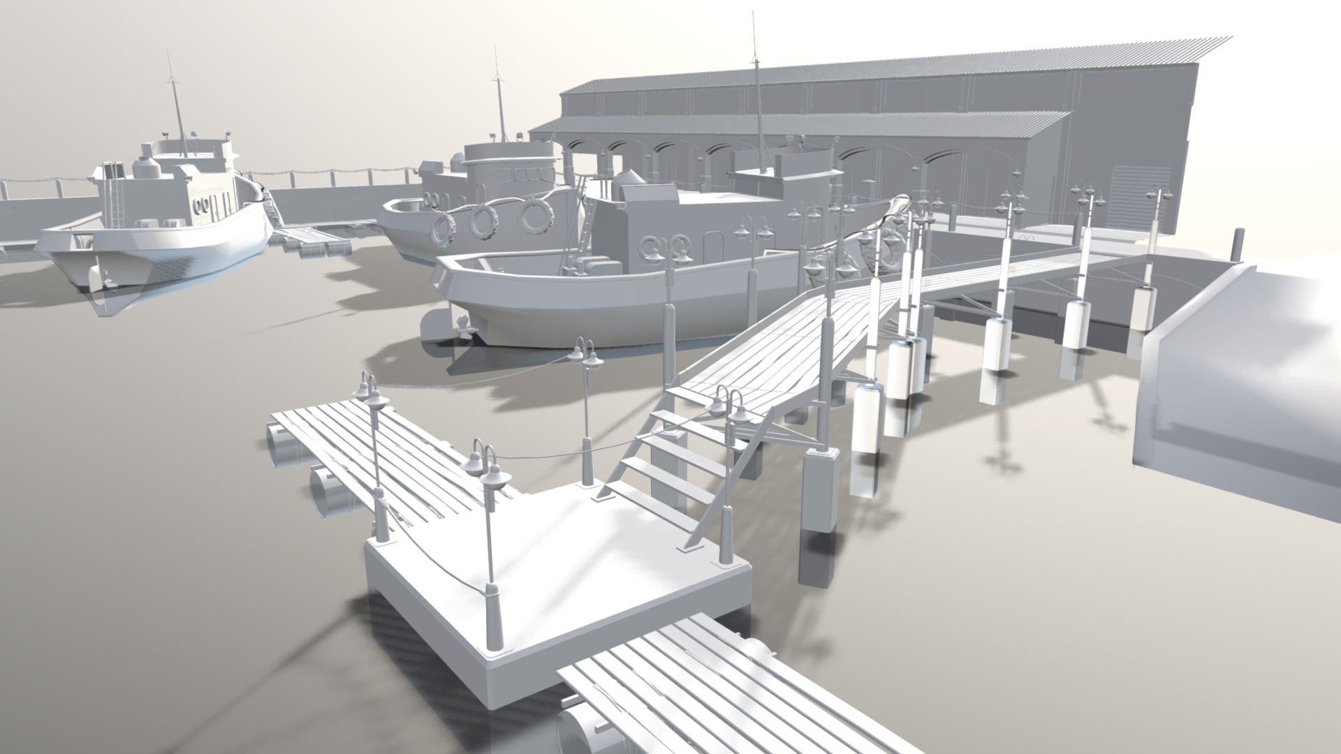 3D model Harbor Scene With Pier And Boats 2 0 - This is a 3D model of the Harbor Scene With Pier And Boats 2 0. The 3D model is about a building with a boat in the water.