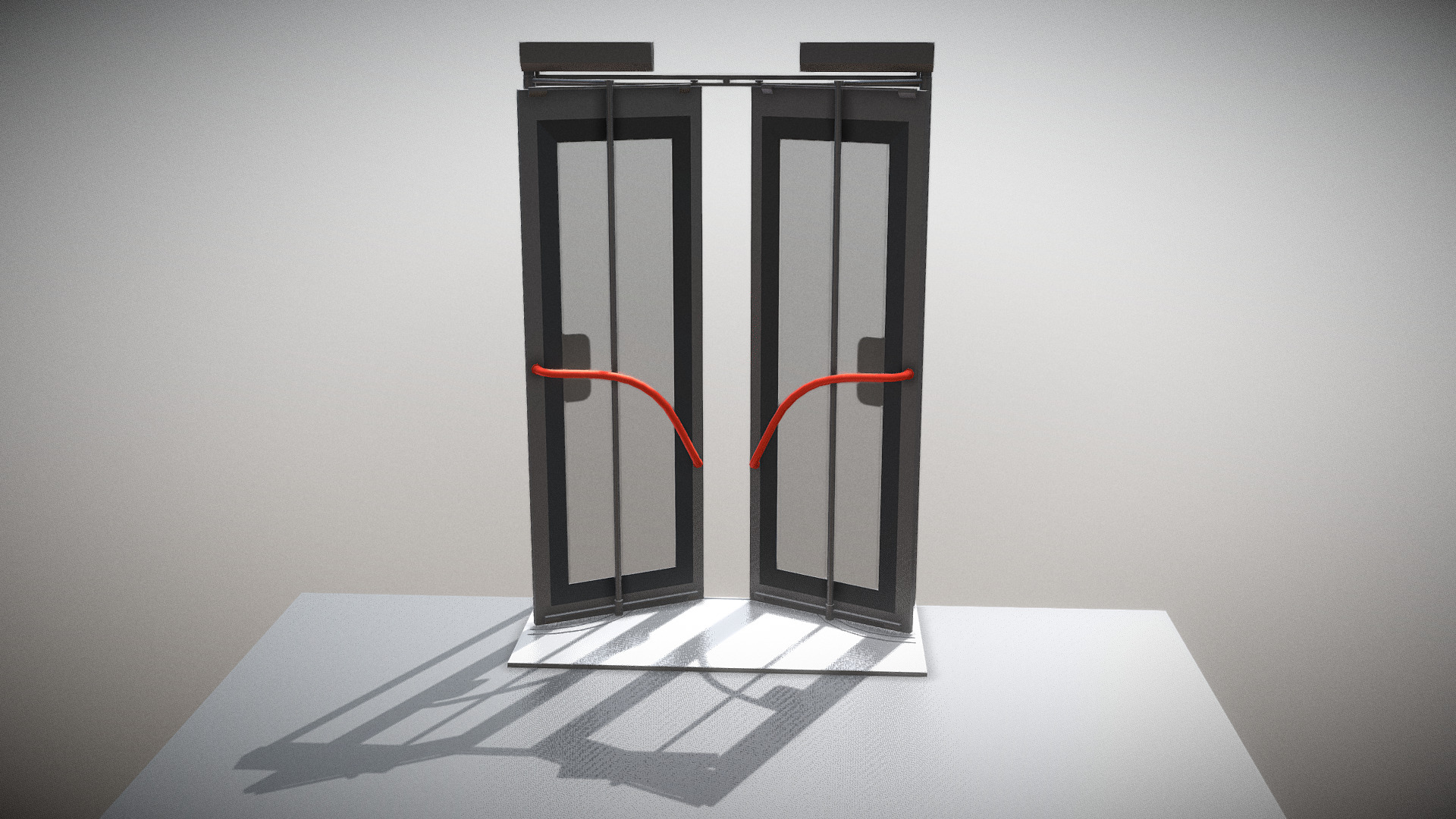 3D model Bus Door (1) Inward Gliding (Rig and Animation) - This is a 3D model of the Bus Door (1) Inward Gliding (Rig and Animation). The 3D model is about a black and white room with a glass door and a white floor.