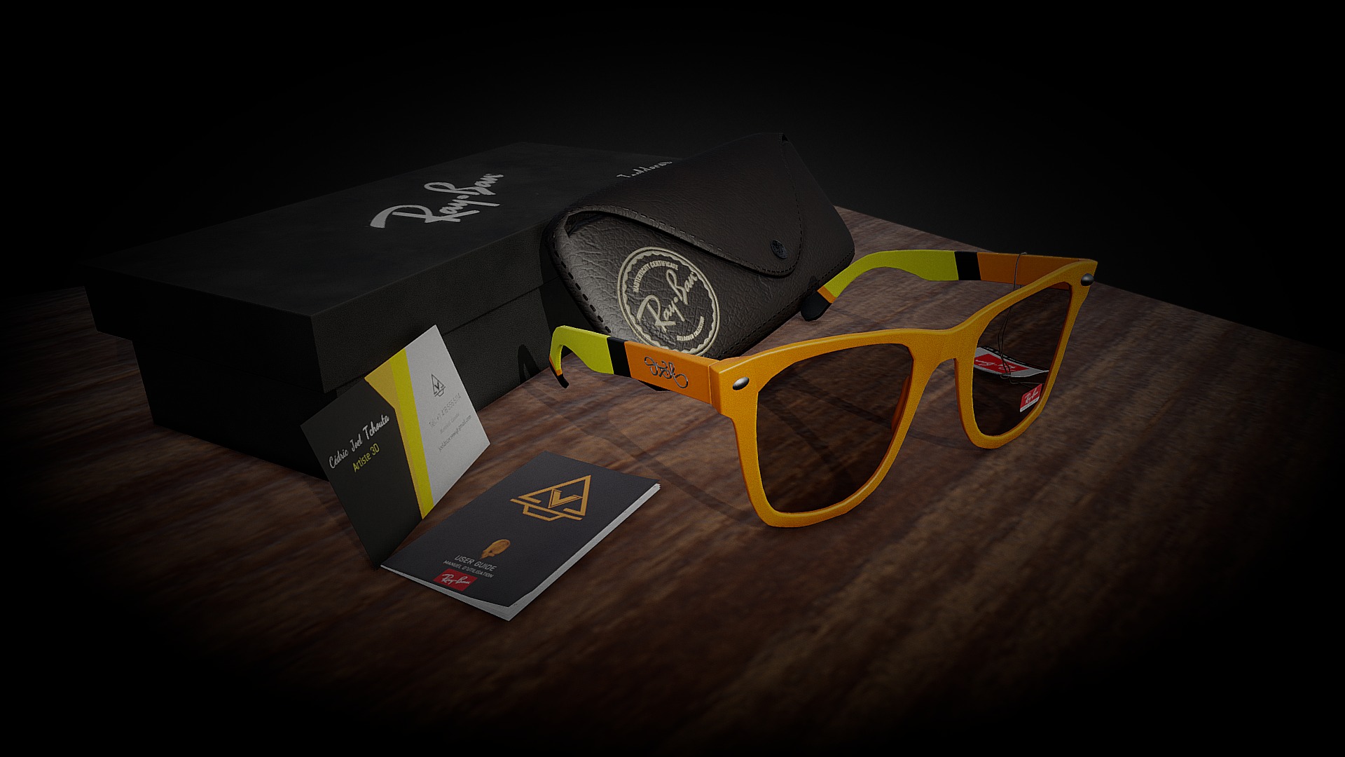 3D model Rayban - This is a 3D model of the Rayban. The 3D model is about a pair of yellow and black goggles on a black box.