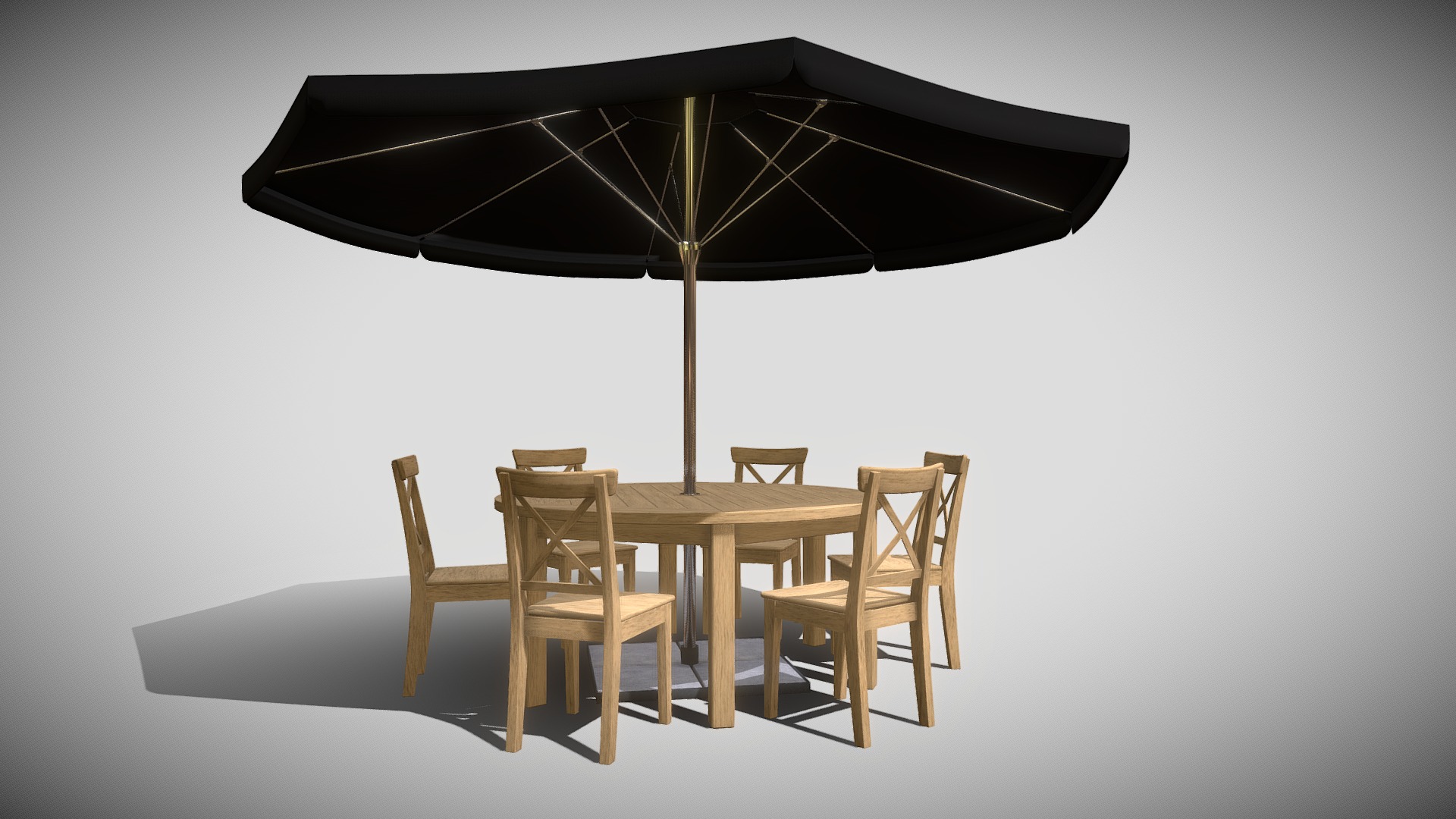 3D model Garden Furniture 6p 2 - This is a 3D model of the Garden Furniture 6p 2. The 3D model is about a table and chairs under an umbrella.