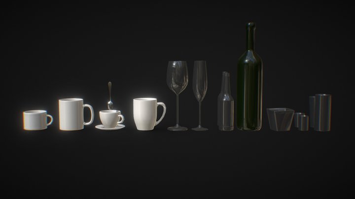 Array Of Cups, Mugs, Glasses And Bottles 3D Model