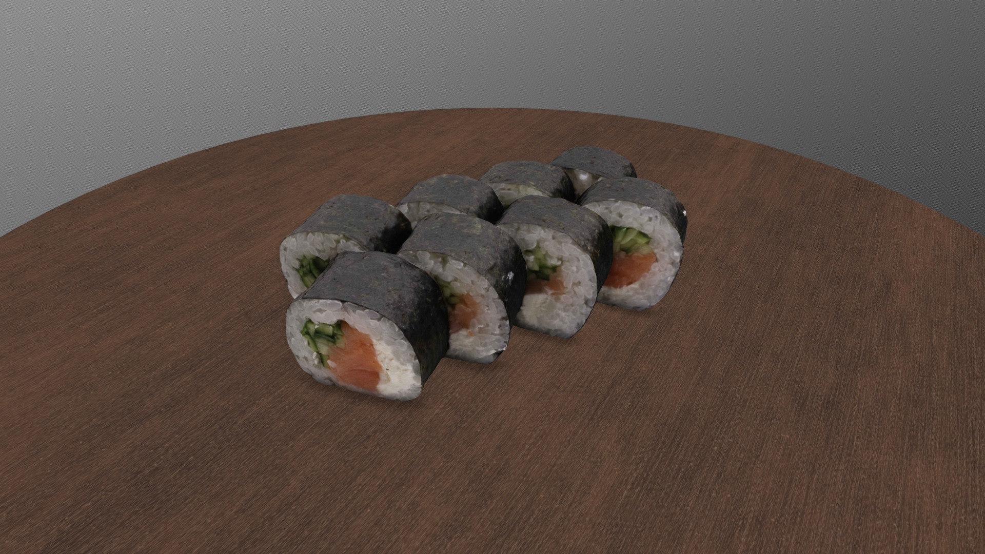 3D model 17Crabs - This is a 3D model of the 17Crabs. The 3D model is about a group of sushi on a wooden surface.