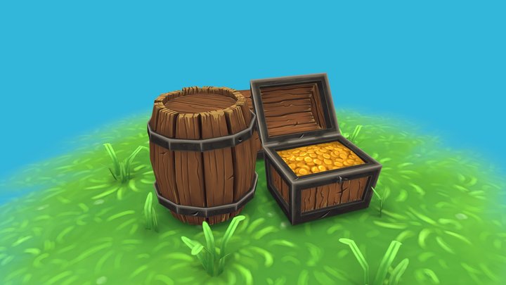 Barrel and Treasure chest 3D Model