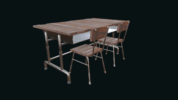 a set of two-person-desk and chairs 3D Model