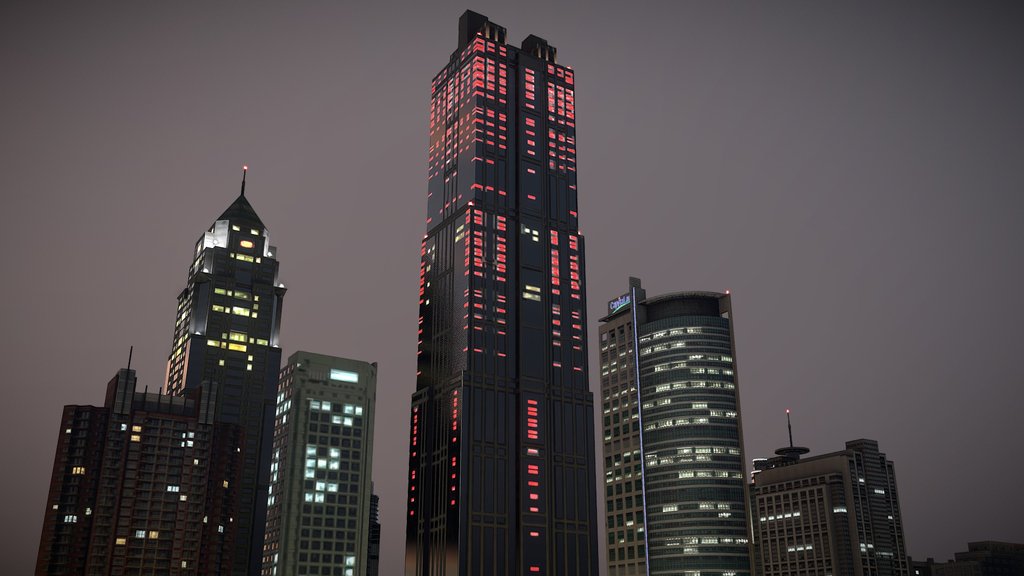 Asian Themed Low Poly Night City Buildings