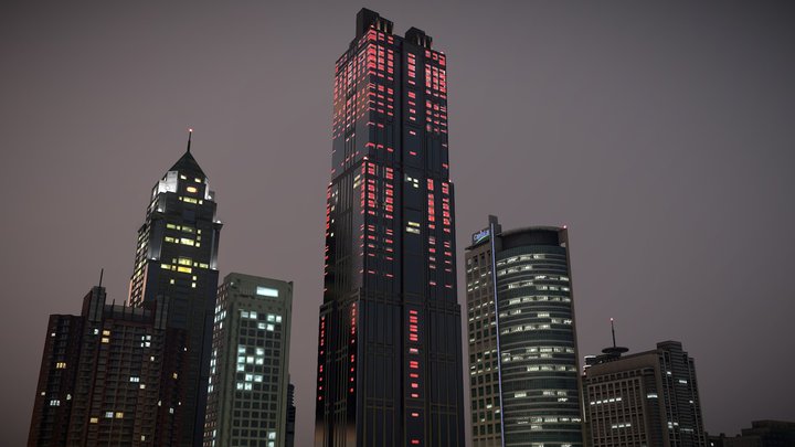 Asian Themed Low Poly Night City Buildings 3D Model