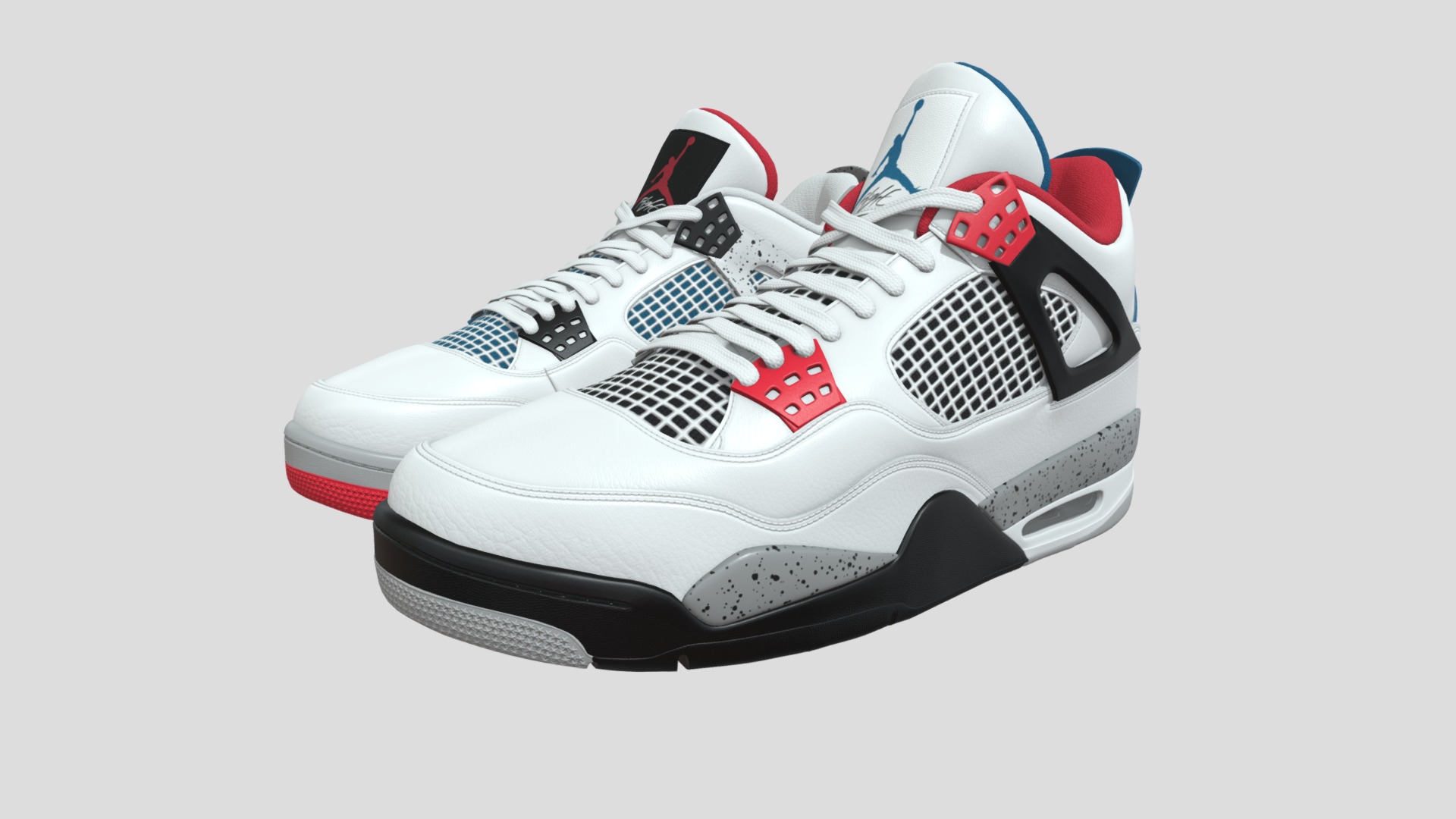 3D model Air Jordan 4 Retro What The - This is a 3D model of the Air Jordan 4 Retro What The. The 3D model is about a pair of white and red sneakers.