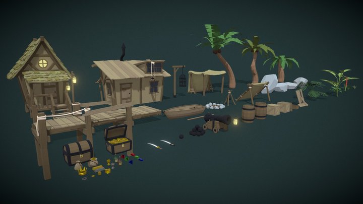 Stylized Low Poly Pirate Island Pack 3D Model