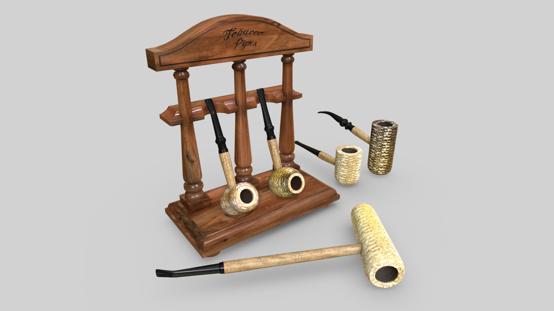 3D model Smoking Corncob Pipe Set - This is a 3D model of the Smoking Corncob Pipe Set. The 3D model is about a wooden table with objects on it.