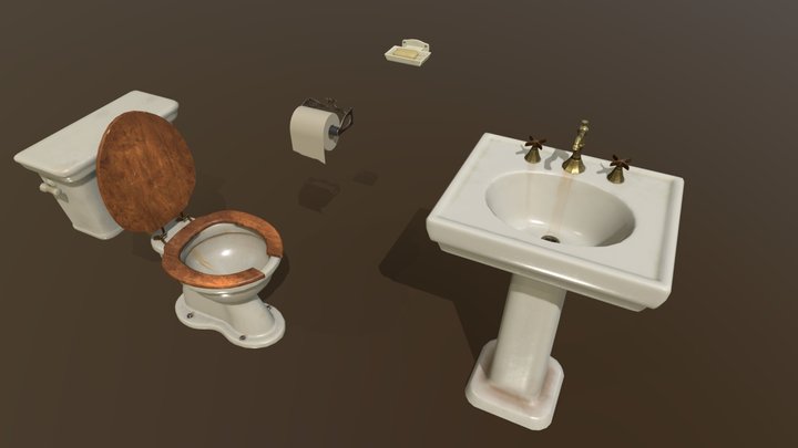 Realistic Grimy Bathroom Set toilet and sink 3D Model