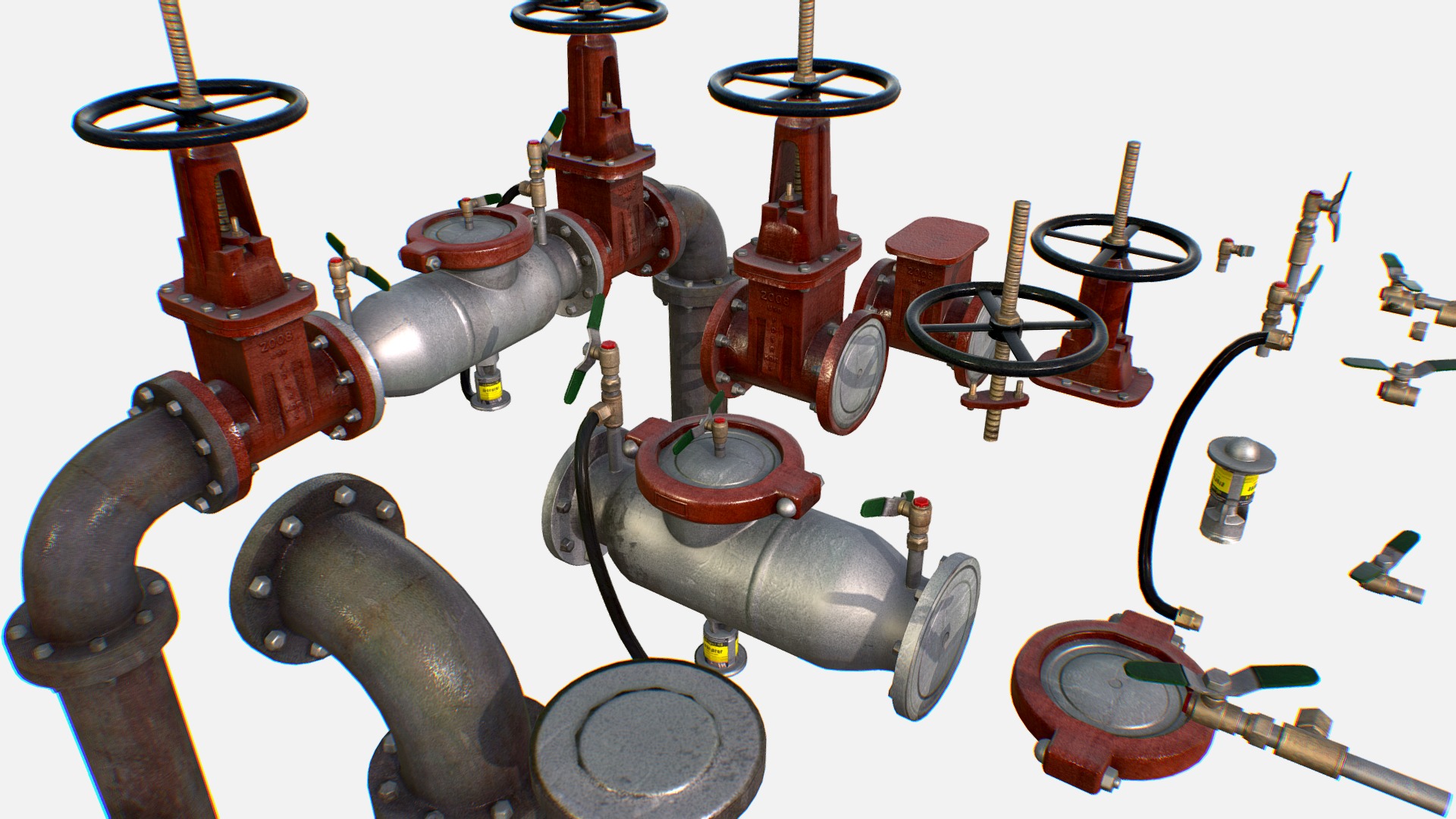 3D model Low Poly Game Backflow Water Pipe Constructor - This is a 3D model of the Low Poly Game Backflow Water Pipe Constructor. The 3D model is about a group of mechanical objects.