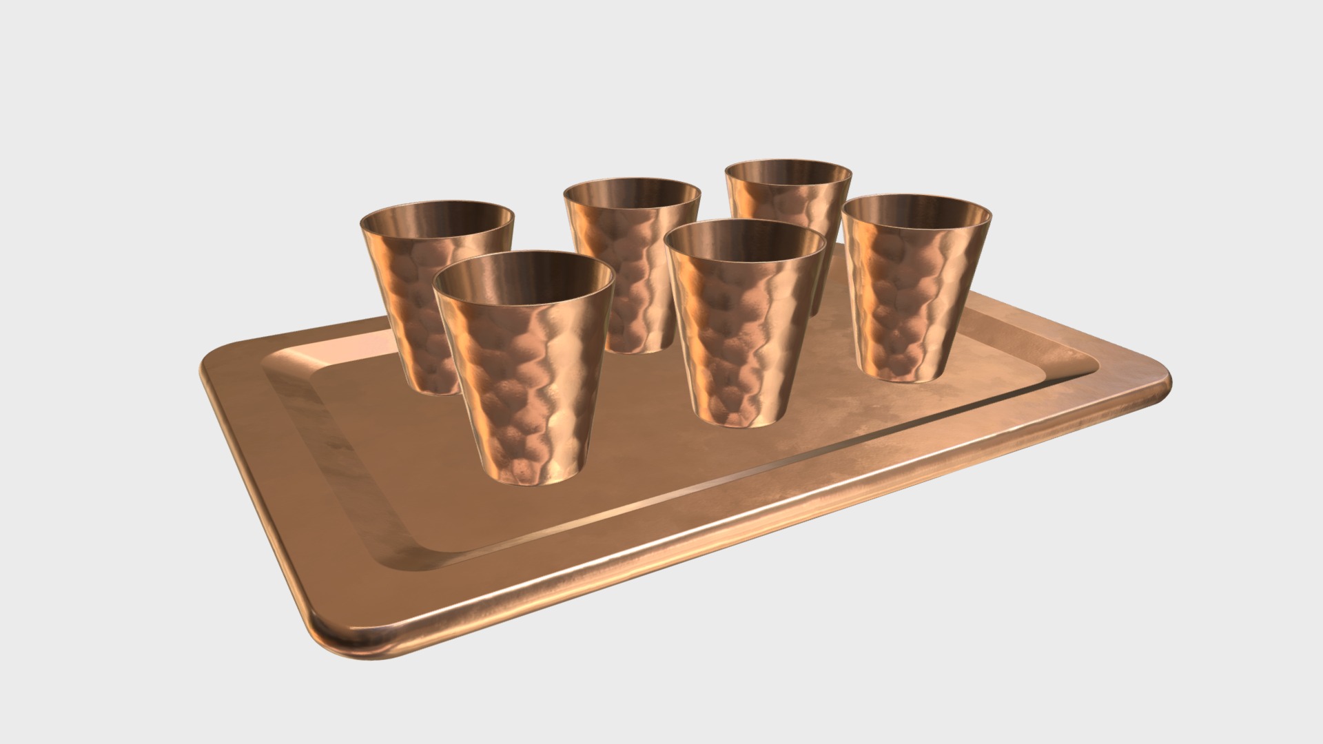 3D model Copper shot glasses on a tray - This is a 3D model of the Copper shot glasses on a tray. The 3D model is about a group of metal cups.