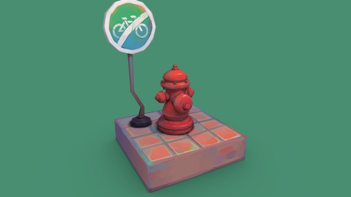 Fire hydrant, street sign 3D Model