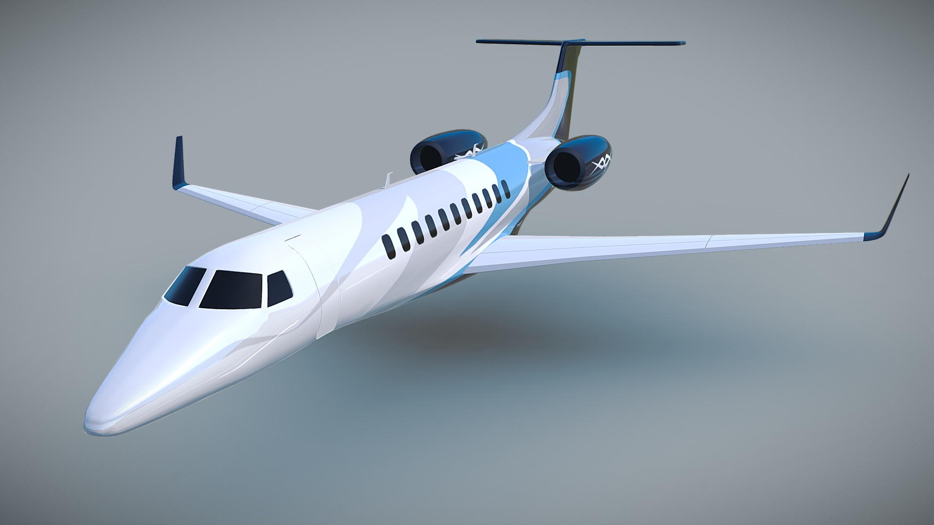 3D model Embraer Legacy 650 private jet - This is a 3D model of the Embraer Legacy 650 private jet. The 3D model is about a white and blue airplane.