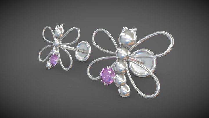 Silver earring (Pink-dragonfly) - arete plata 3D Model