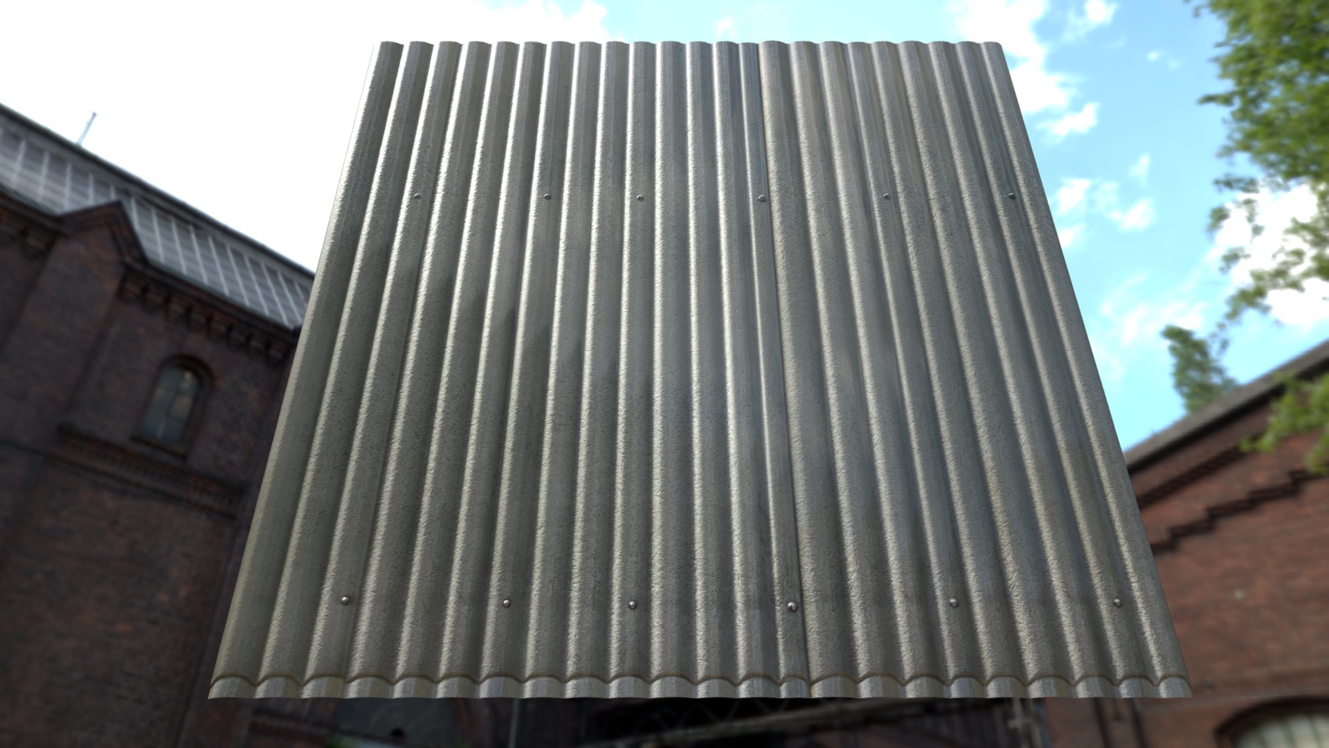 3D model Corrugated Plastic Wall with Displacement Map - This is a 3D model of the Corrugated Plastic Wall with Displacement Map. The 3D model is about a metal fence with a building in the background.