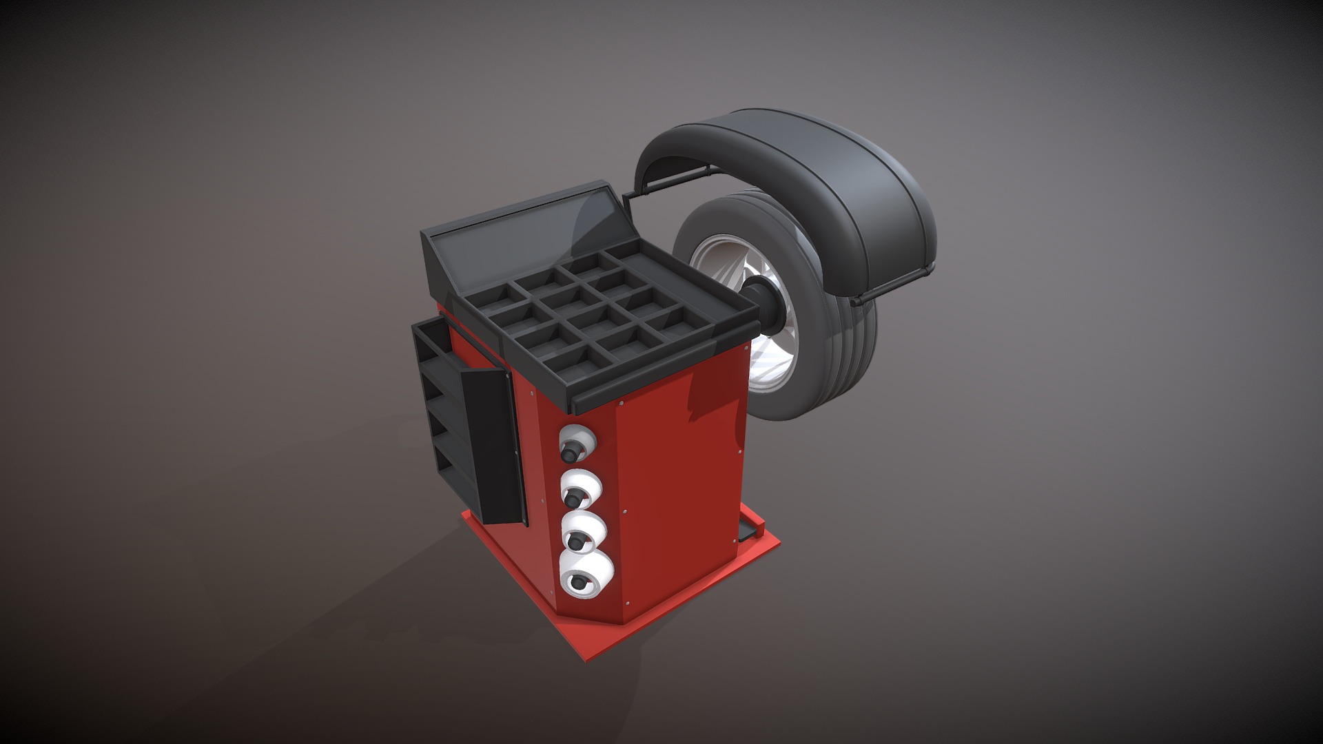 3D model Wheel Balancer Machine - This is a 3D model of the Wheel Balancer Machine. The 3D model is about a red and black fan.