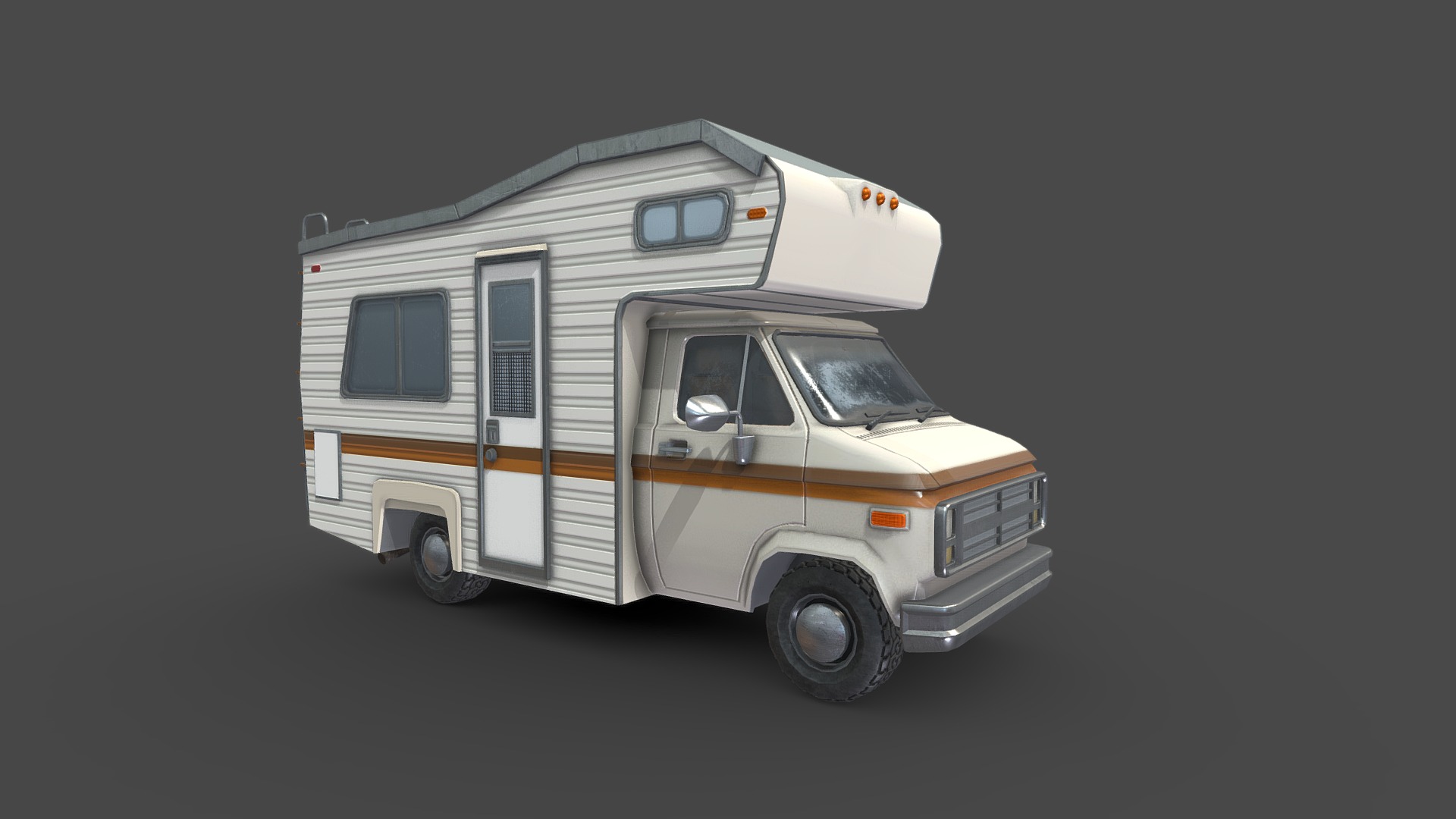3D model 80s Camper Van - This is a 3D model of the 80s Camper Van. The 3D model is about a white van with orange stripes.