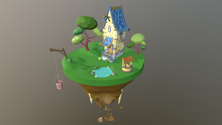 House of misty mountains low poly scene 3D Model