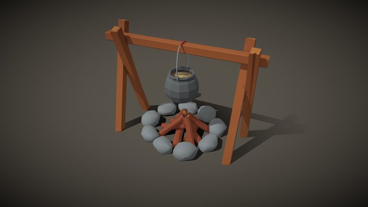 Low Poly Campfire with boiler - Game Ready 3D Model