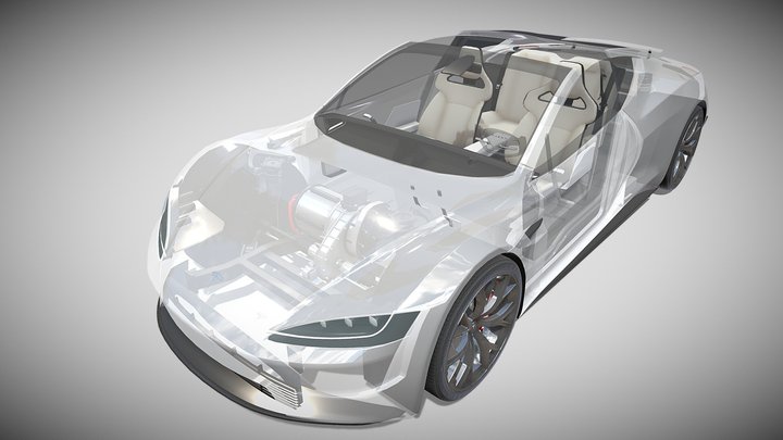 Tesla Roadster 2020 White with interior&chassis 3D Model