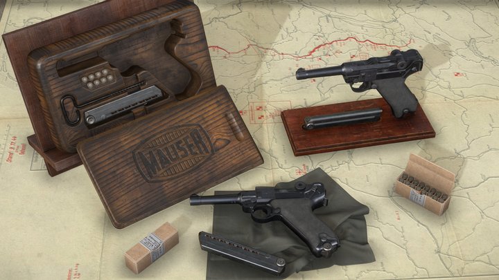 Luger P08 & Mauser Display Case – Game-Ready 3D Model