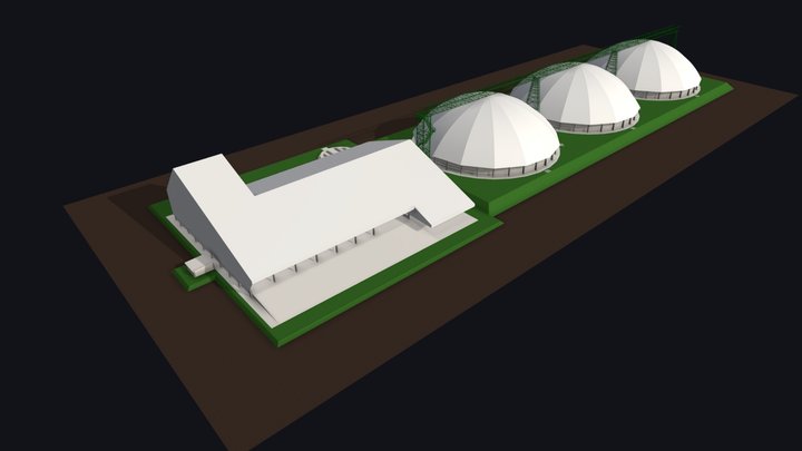 Casa de Máq. e 3 Armazéns Circulares de 18000tn 3D Model