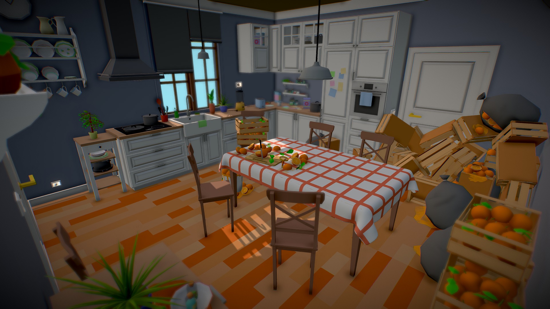 3D model Low Poly Kitchen with surprise - This is a 3D model of the Low Poly Kitchen with surprise. The 3D model is about a room with a table and chairs.