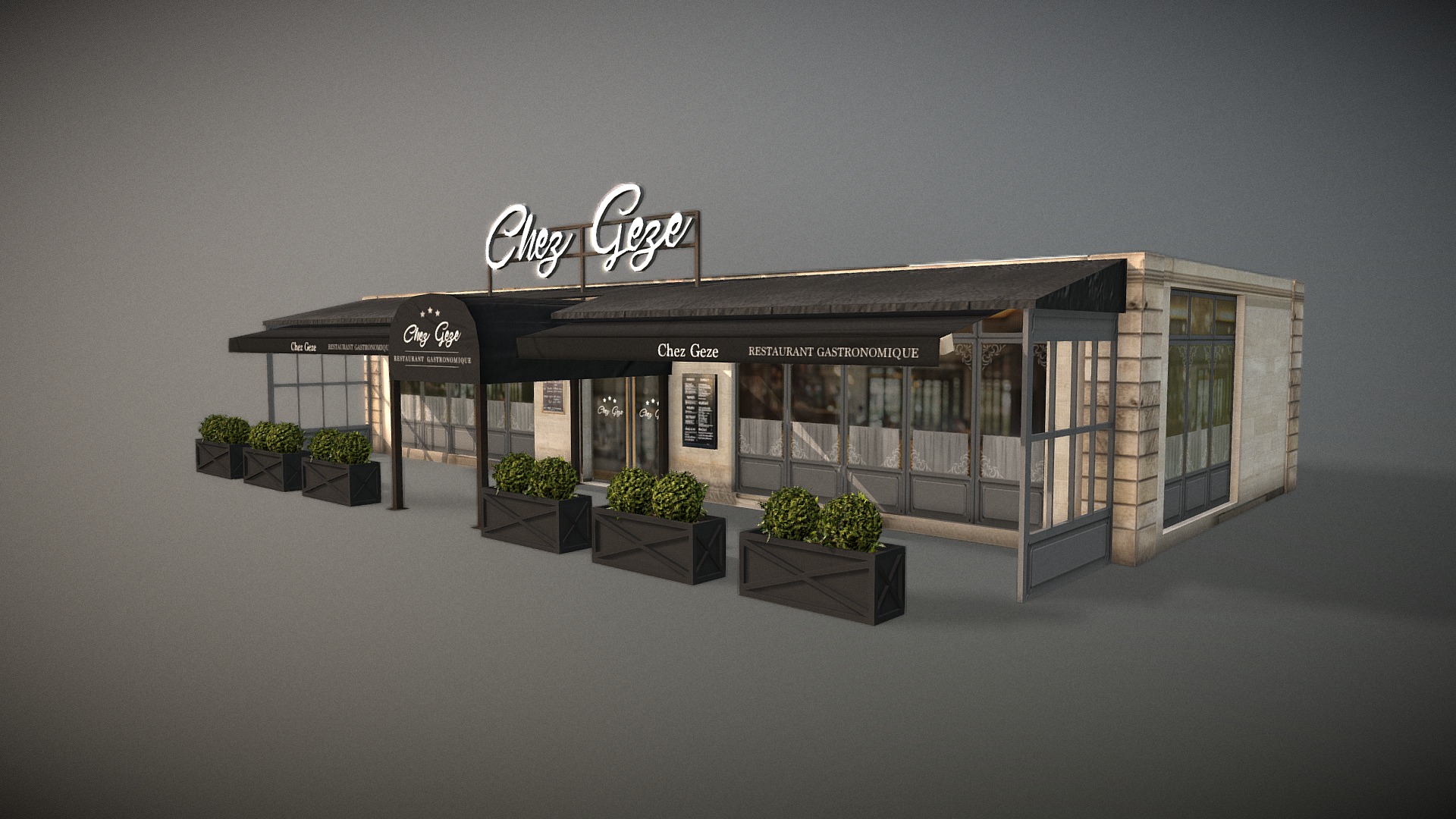 3D model Chez Geze - This is a 3D model of the Chez Geze. The 3D model is about a building with plants in the front.
