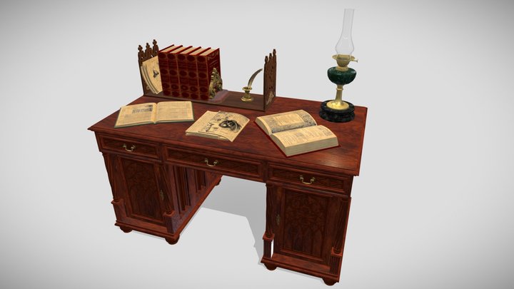 Victorian work desk (openable) 3D Model