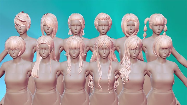 12 Real-time woman Hairstyles collection 09 3D Model