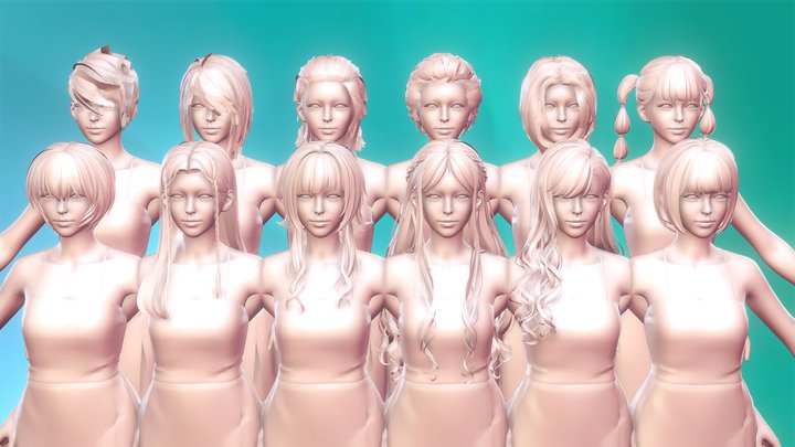 12 Real-time woman Hairstyles collection 09 3D Model
