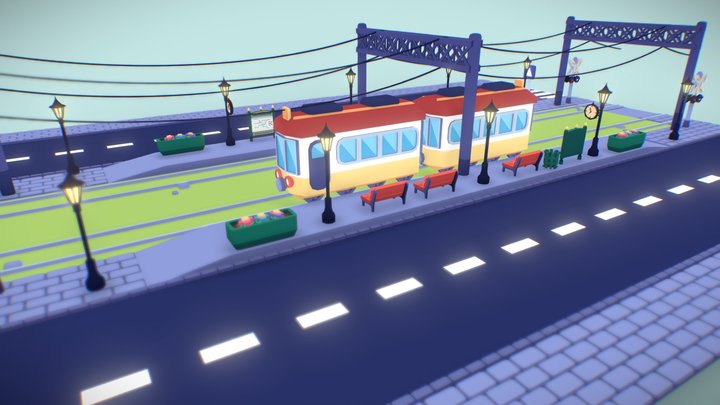Vintage Tram Scene 3D Model