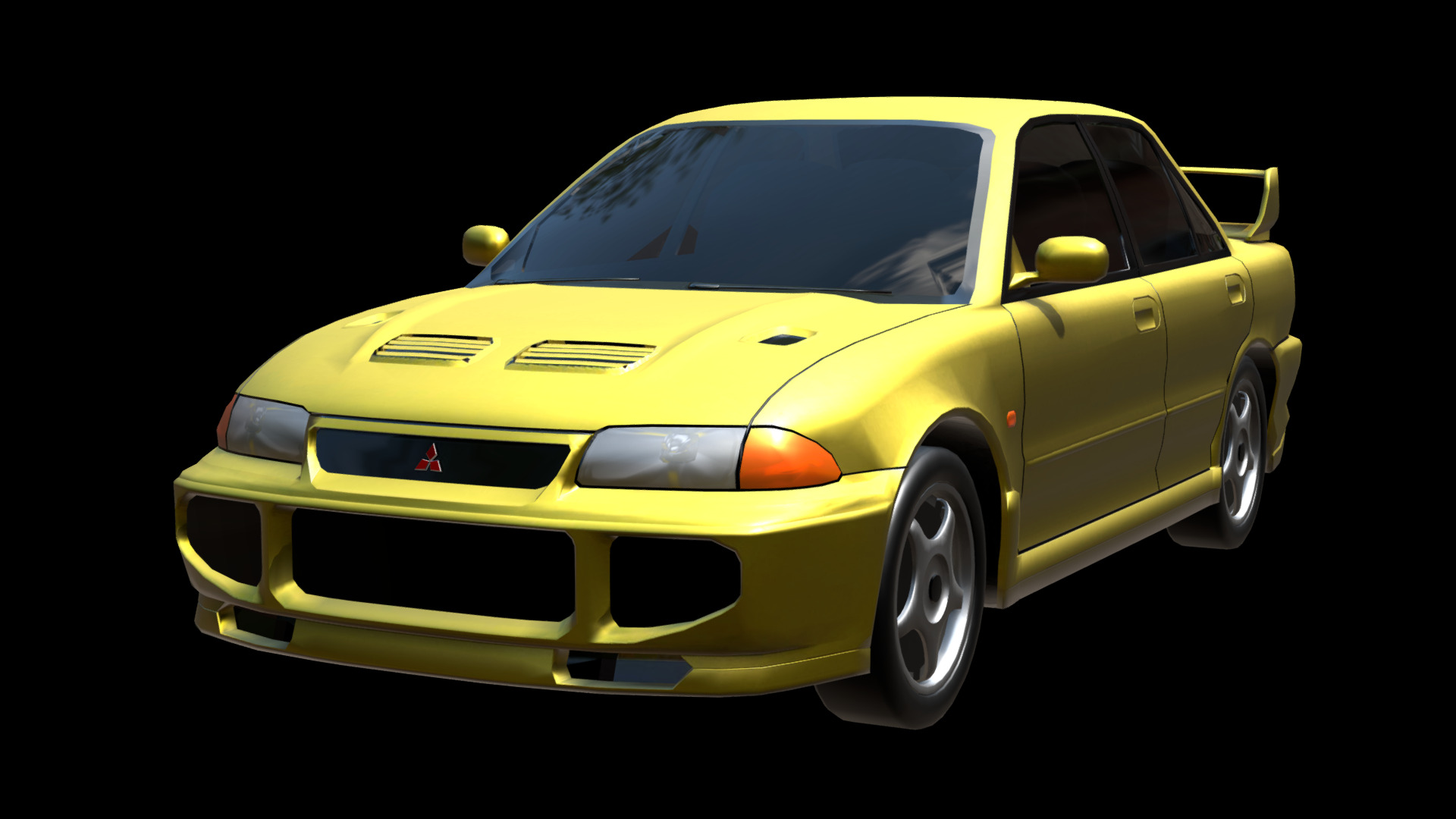 3D model Mitsubishi Lancer Evo 3 - This is a 3D model of the Mitsubishi Lancer Evo 3. The 3D model is about a yellow car with a black background.