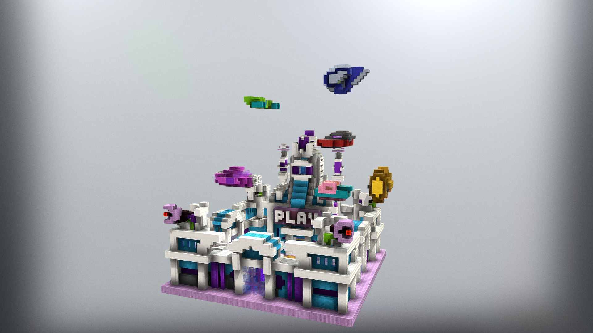 3D model Future Lobby - This is a 3D model of the Future Lobby. The 3D model is about a toy castle with a few people flying around.
