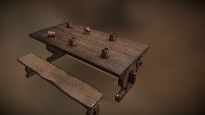 Tavern Wooden Bench 3D Model