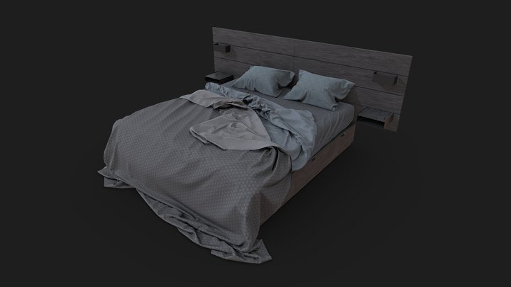 Messy bed 2.0 (with wall mounted backboard) 3D Model