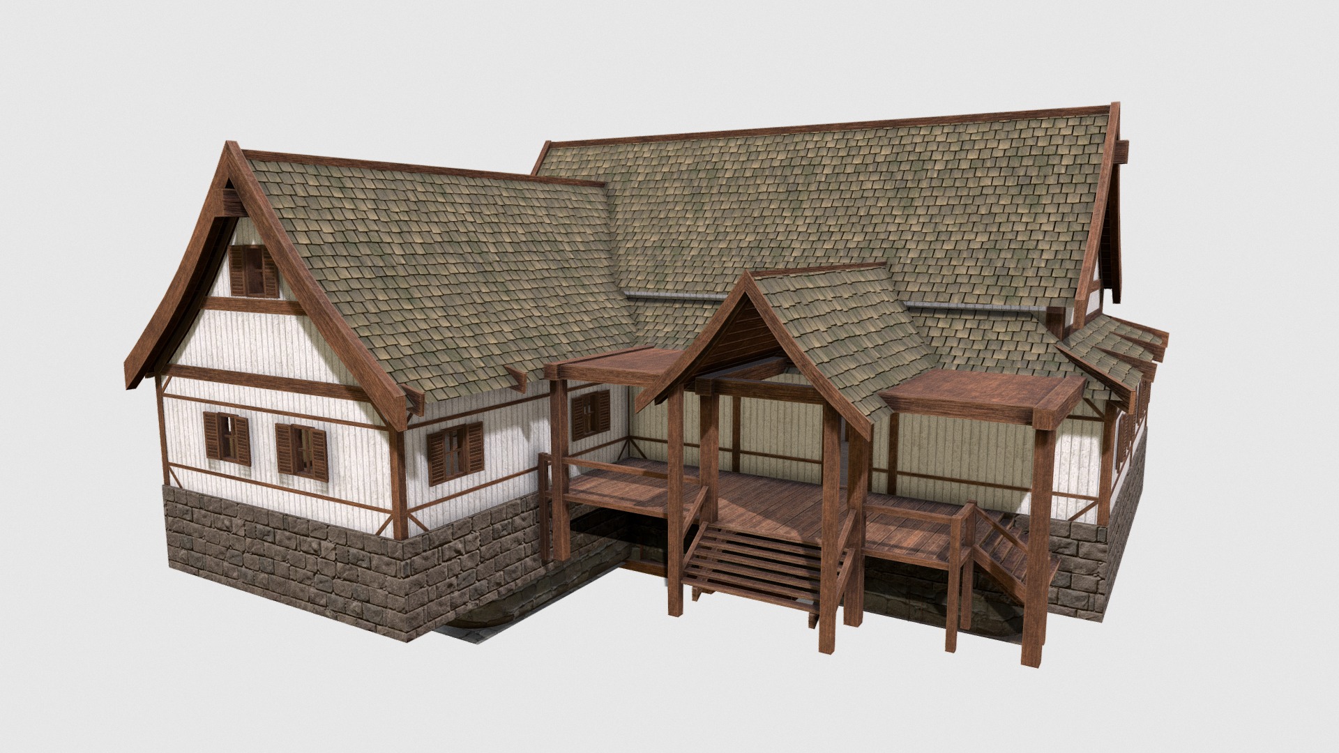 3D model Medieval Inn - This is a 3D model of the Medieval Inn. The 3D model is about a wooden house with a deck.