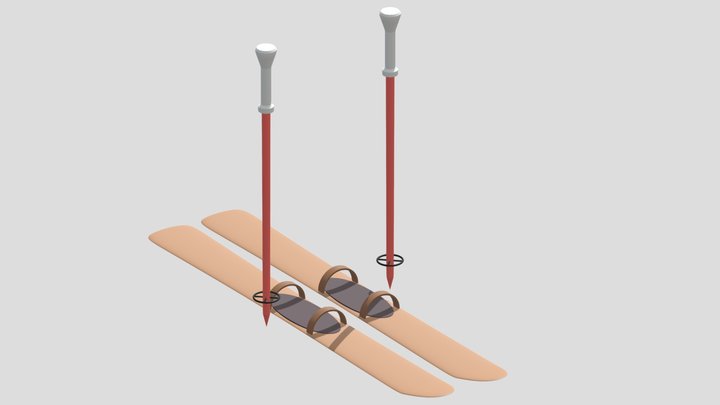 Cartoon Alpine Skis and Ski Poles 3D Model