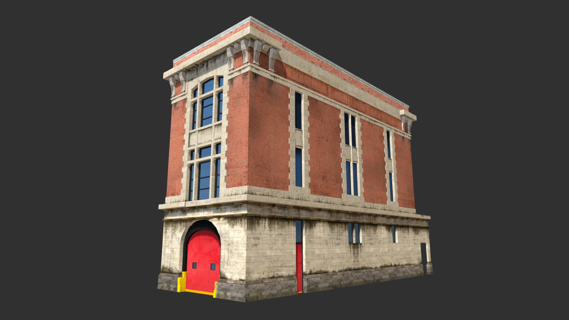 3D model Ghost Busters Station - This is a 3D model of the Ghost Busters Station. The 3D model is about a brick building with a red door.