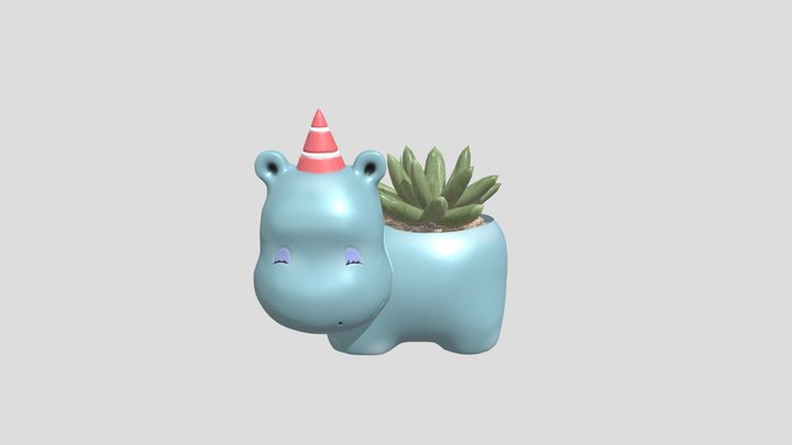 Whimsical Hippo Succulent Planter with Party Hat 3D Model