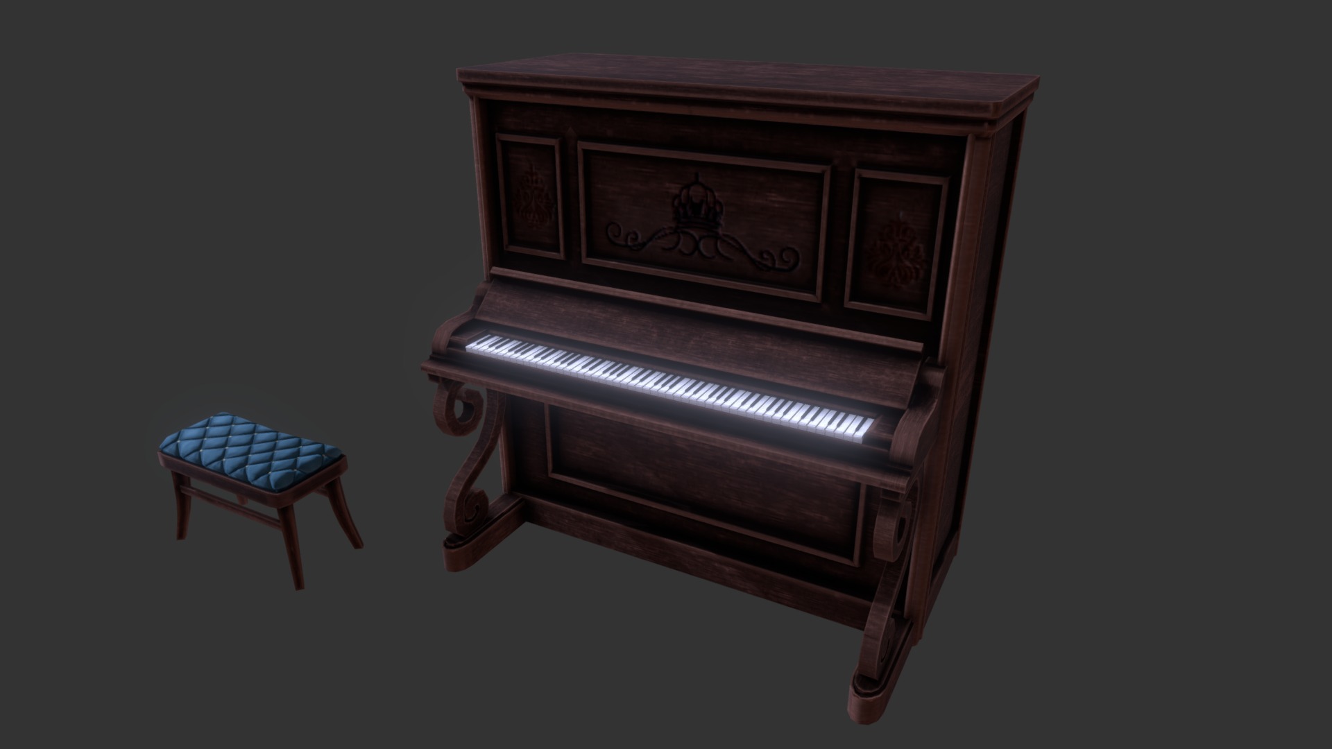3D model Classic Piano - This is a 3D model of the Classic Piano. The 3D model is about a wooden chair with a blue cushion.