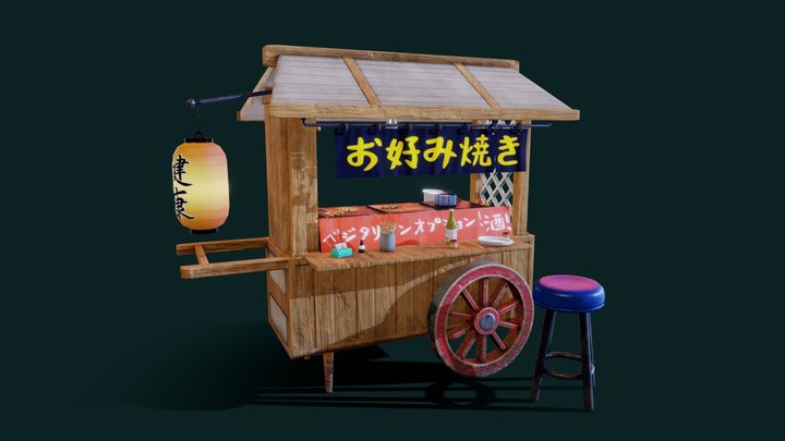 Japanese food cart (yatai) selling okonomiyaki 3D Model