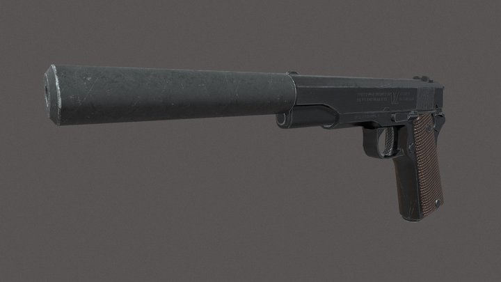 M1911 pistol with silencer attached. 3D Model