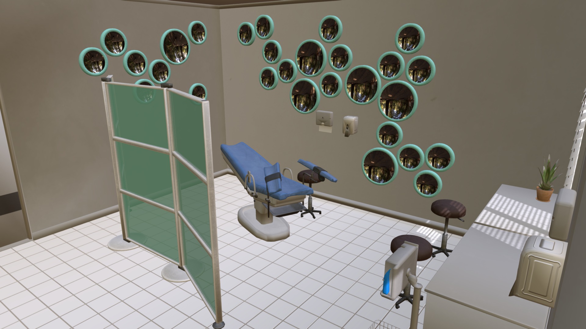 3D model Gynecologist’s office – interior and props - This is a 3D model of the Gynecologist's office - interior and props. The 3D model is about a room with chairs and a glass door.