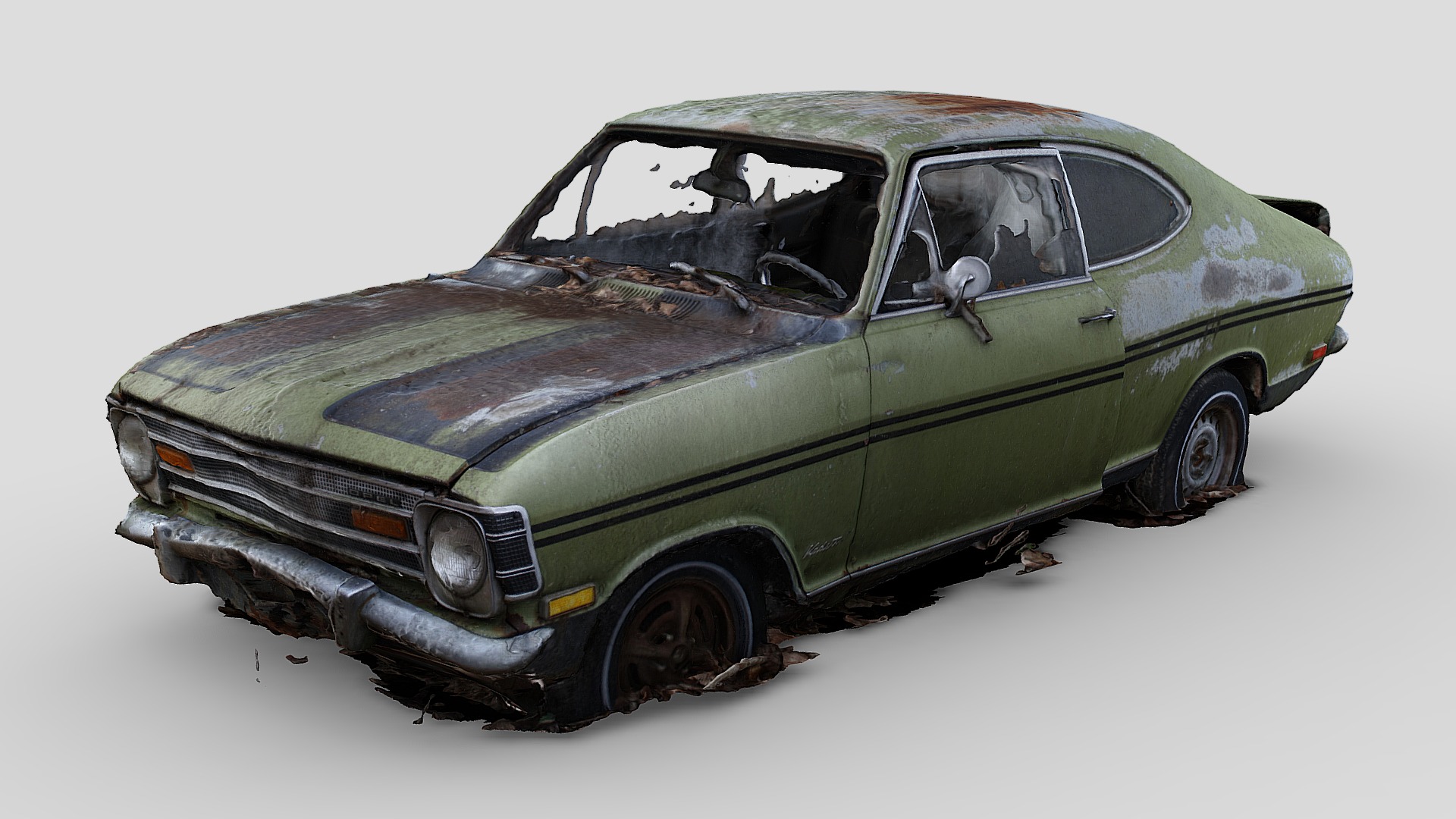 3D model Abandoned Opel Kadett (Raw Scan) - This is a 3D model of the Abandoned Opel Kadett (Raw Scan). The 3D model is about a green car with a door open.